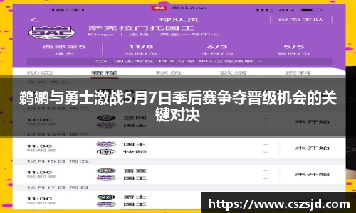 鹈鹕与勇士激战5月7日季后赛争夺晋级机会的关键对决